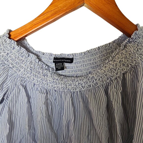 American Eagle Blue White Striped Off Shoulder Bell Sleeve Top Blouse S Small‎ - Picture 4 of 7